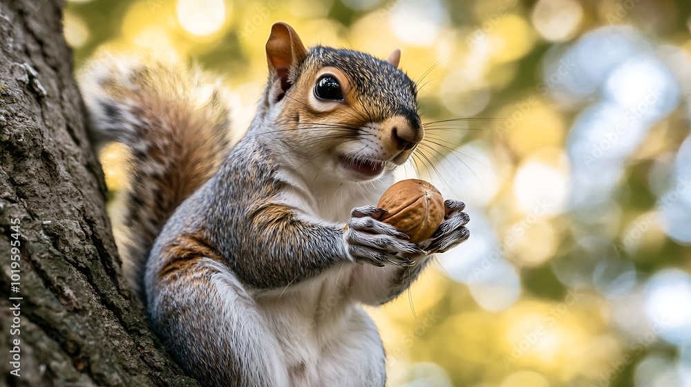 Squirrel sitting in tree with nut detailed closeup animal zoom depthoffield background blur : Generative AI Squirrel sitting in tree with nut detailed closeup animal zoom depthoffield background blur : Generative AI