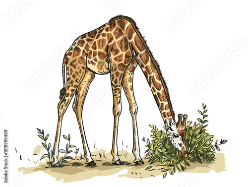 Obraz na płótnie white background, Giraffe bending down to eat leaves - isolate on an African savanna background., very simple and isolate in the style of animated illustrations with drawings in pencil easy art w salonie