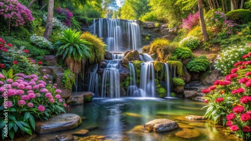 Fototapeta Naklejka Na Ścianę i Meble -  A serene waterfall surrounded by lush flowers in a magical garden setting, waterfall, flowers, landscape, serene, beautiful