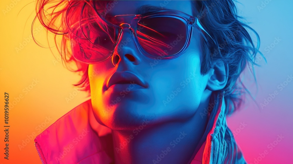 Vibrant Neon Portrait of a Fashionable Individual Wearing Sunglasses in Dynamic Lighting Vibrant Neon Portrait of a Fashionable Individual Wearing Sunglasses in Dynamic Lighting