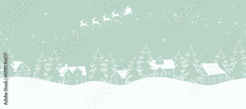 Christmas Background. Seamless Border. Winter Landscape. Santa Claus is riding Across the Sky on Deer with Plume. White Silhouettes of Houses and Fir Trees on Light Green Background. Vector