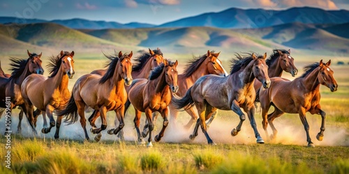 Wild horses galloping freely in a vast field, wild, horses, herd, running, field, wild animals, nature, outdoors, freedom