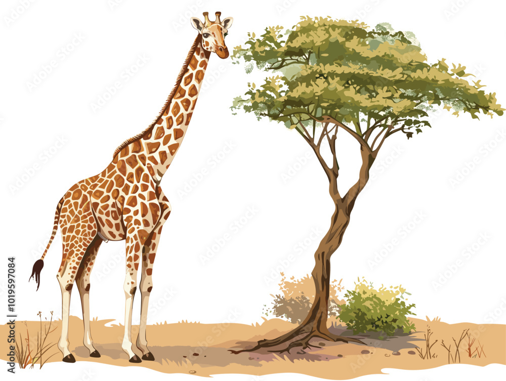 white background, Giraffe bending down to eat leaves - isolate on an African savanna background., very simple and isolate in the style of animated illustrations with drawings in pencil easy art