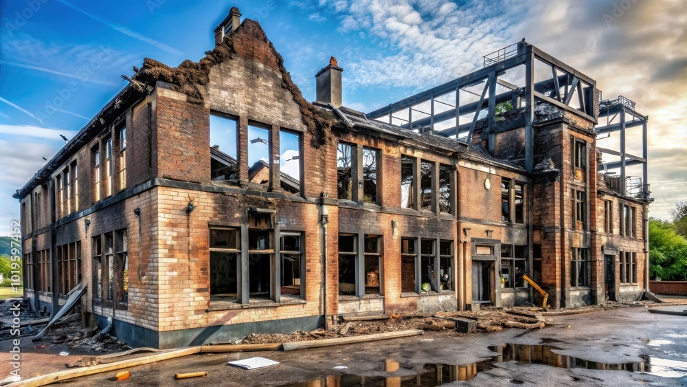 A building extensively damaged by a fire , burnt, destruction, ruins, disaster, charred, damaged, wrecked A building extensively damaged by a fire , burnt, destruction, ruins, disaster, charred, damaged, wrecked