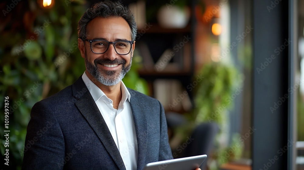 Portrait of happy smiling 45 years old business man executive standing in office using digital tablet Middle aged businessman manager wearing suit glasses working on professional finan : Generative AI Portrait of happy smiling 45 years old business man executive standing in office using digital tablet Middle aged businessman manager wearing suit glasses working on professional finan : Generative AI