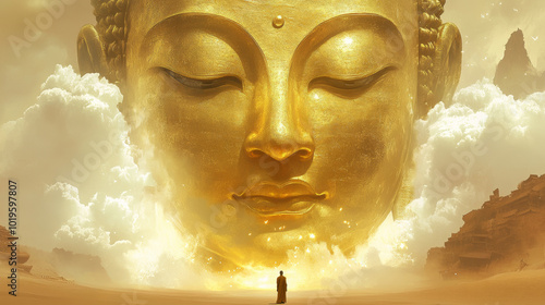 A huge golden Buddha head with an oriental monk standing in front of it, surrounded by white clouds, A man stands at its feet photo