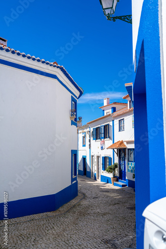 A City Street With Blue and White Buildings in Ericeira Portugal