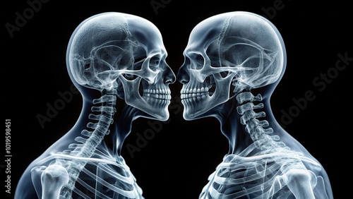 X-ray image of two skeletons kissing passionately, skeleton, x-ray, love, kiss, romance, bones, medical, anatomy, radiology