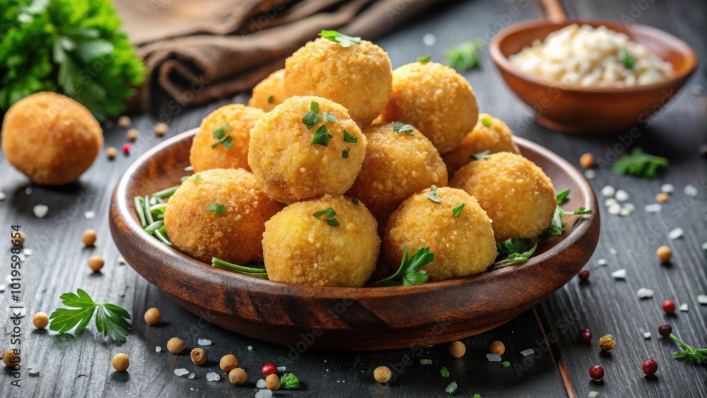 Cheese or potato balls breaded with salt, spices, and herbs , food, appetizer, crunchy, fried, savory, delicious, golden, snack Cheese or potato balls breaded with salt, spices, and herbs , food, appetizer, crunchy, fried, savory, delicious, golden, snack