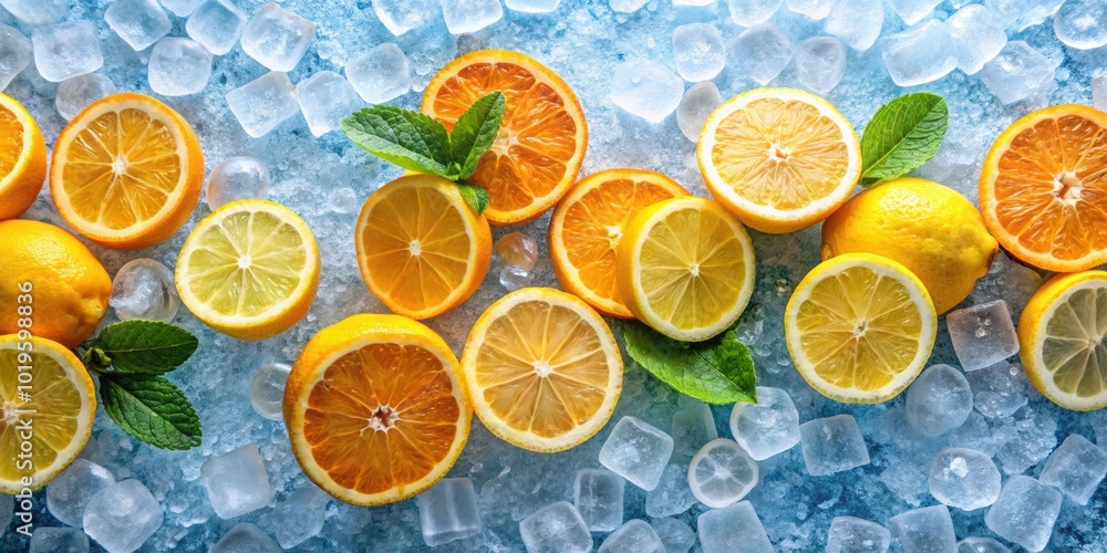 Sliced oranges and lemons on natural ice, fresh fruits full of vitamins , vibrant, citrus, healthy, nutrition, natural Sliced oranges and lemons on natural ice, fresh fruits full of vitamins , vibrant, citrus, healthy, nutrition, natural