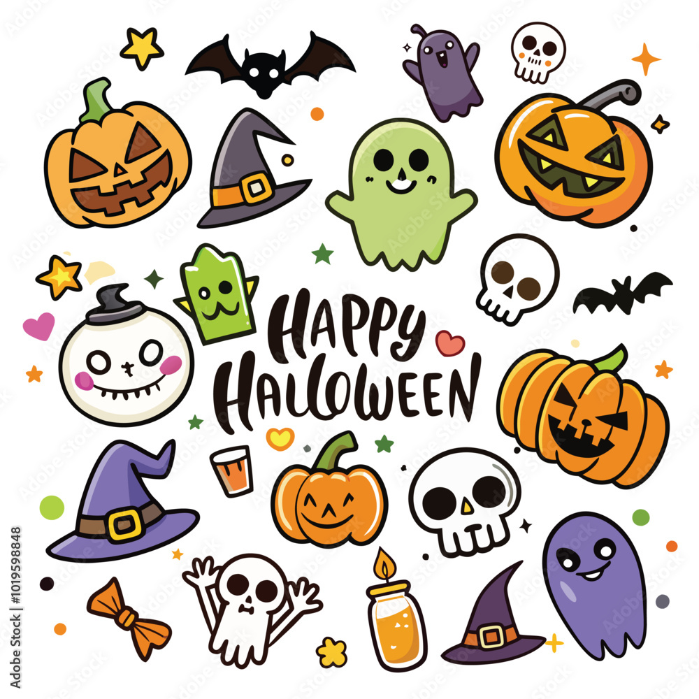 Happy halloween greeting card or banner holiday vector. halloween sticker set collection
Happy halloween greeting card or banner holiday vector. halloween sticker set collection