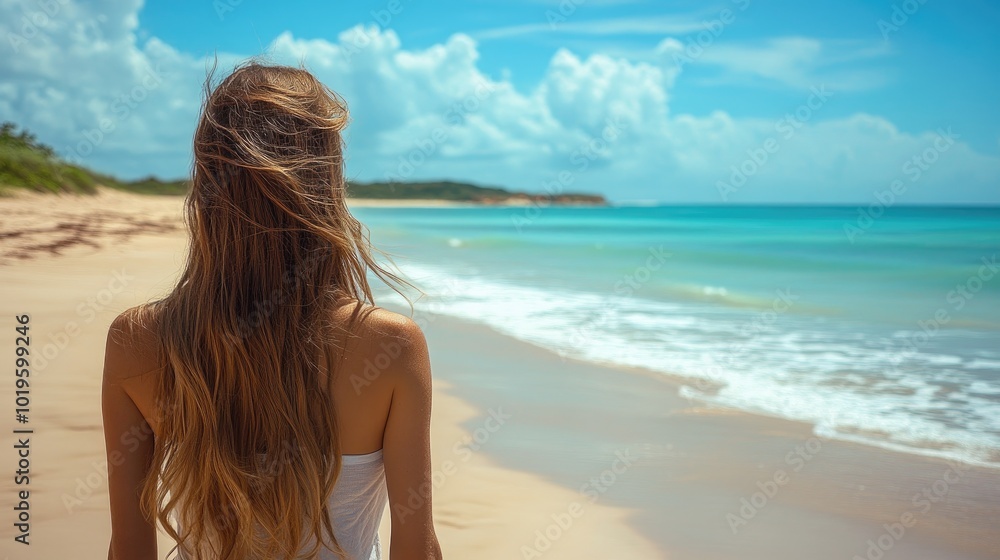 Serene Beach Escape: Woman Admiring Tranquil Ocean Landscape Serene Beach Escape: Woman Admiring Tranquil Ocean Landscape