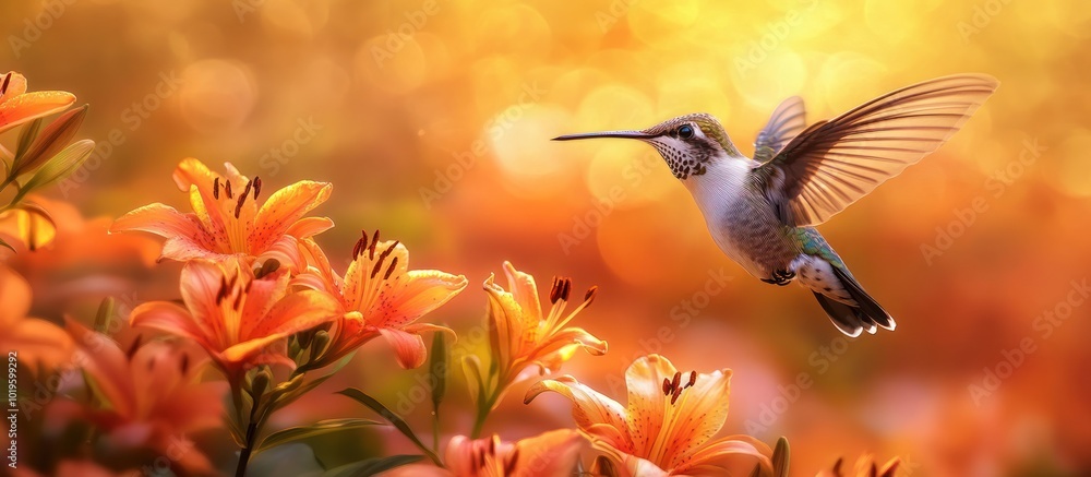 A hummingbird hovers over orange lilies in a sunlit garden. A hummingbird hovers over orange lilies in a sunlit garden.