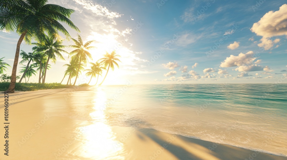 Beautiful tropical beach with palm trees at sunset. Beautiful tropical beach with palm trees at sunset.