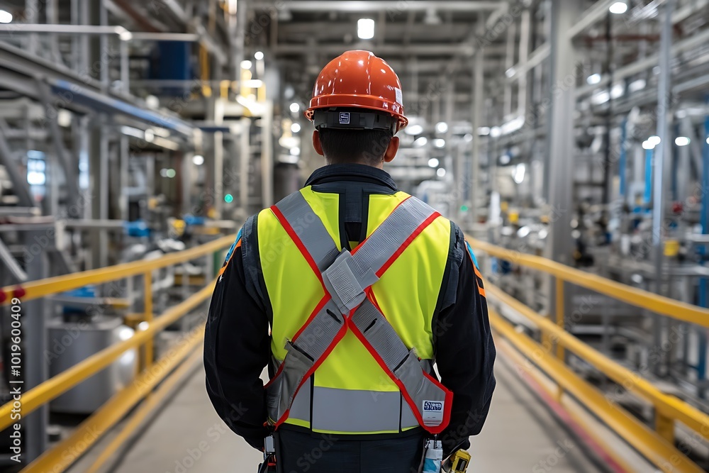 Obraz premium Worker in Safety Gear Walking Through a Factory