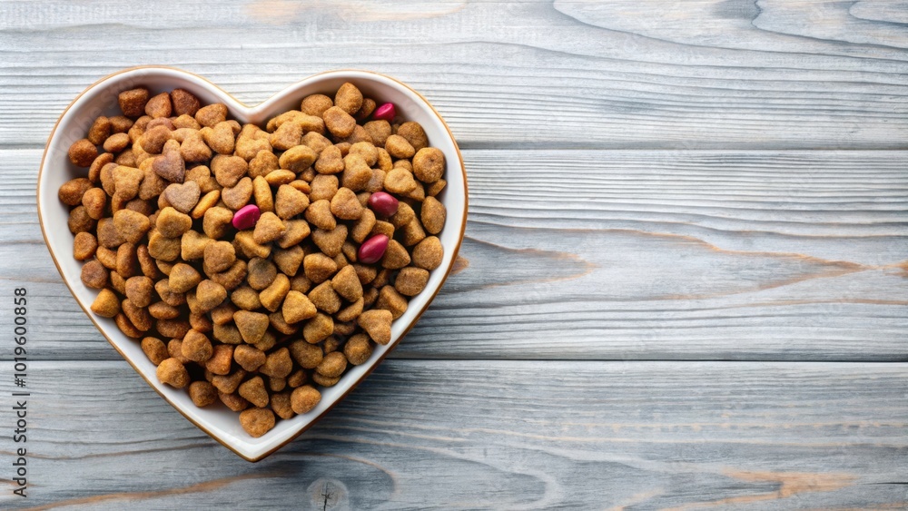 Heart shaped bowl filled with dry cat food, providing essential nutrition for pets from a top view, pet food Heart shaped bowl filled with dry cat food, providing essential nutrition for pets from a top view, pet food