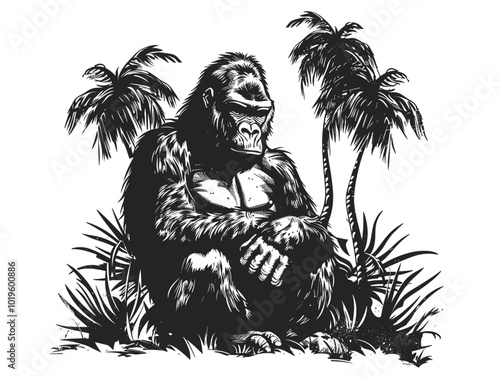 Obraz na płótnie white background, Gorilla beating its chest - isolate on a jungle background., very simple and isolate in the style of animated illustrations with drawings in pencil easy, white background w salonie