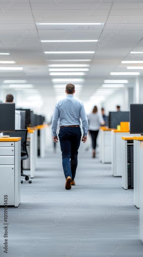 Obraz premium A man walking through a modern office space with workstations and bright lighting.