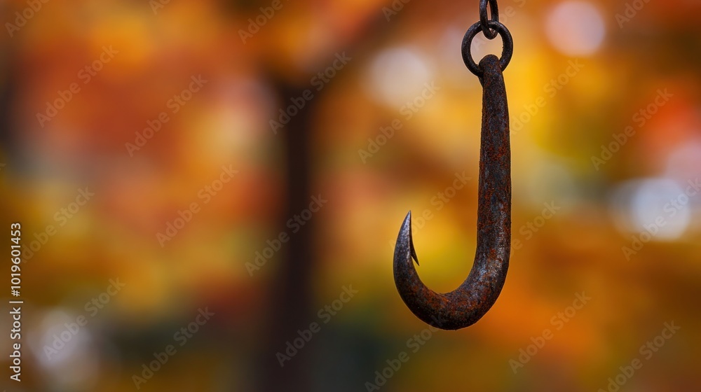 A close-up of a rusty hook hanging against a blurred autumn background. A close-up of a rusty hook hanging against a blurred autumn background.