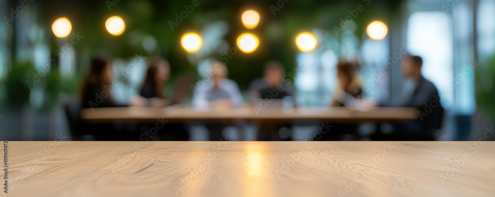 Blurred office meeting with focus on a wooden table in modern workspace. Blurred office meeting with focus on a wooden table in modern workspace.