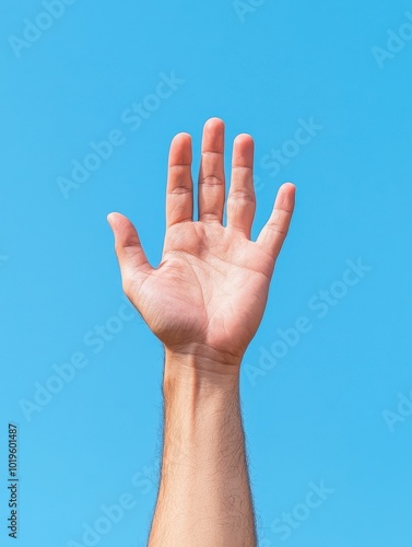 A hand raised against a clear blue sky, symbolizing freedom and hope.