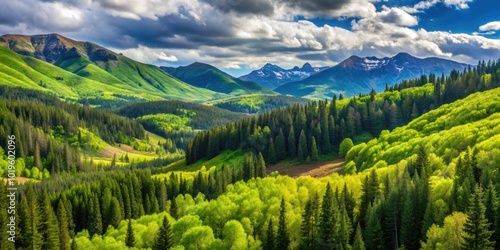 Scenic forest landscape in San Juan National Forest, Colorado with lush green trees, scenic, forest, landscape