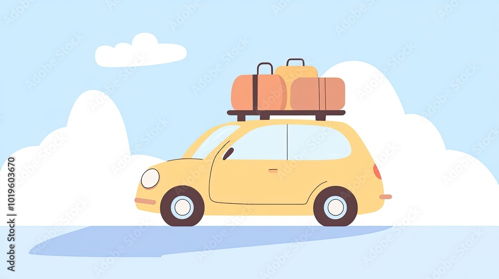 A yellow car packed with luggage, in a cute cartoon style A yellow car packed with luggage, in a cute cartoon style