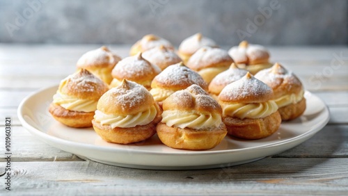 French pastry dessert, choux au craquelin cream puffs on a white plate, cream puffs, dessert, French pastry photo