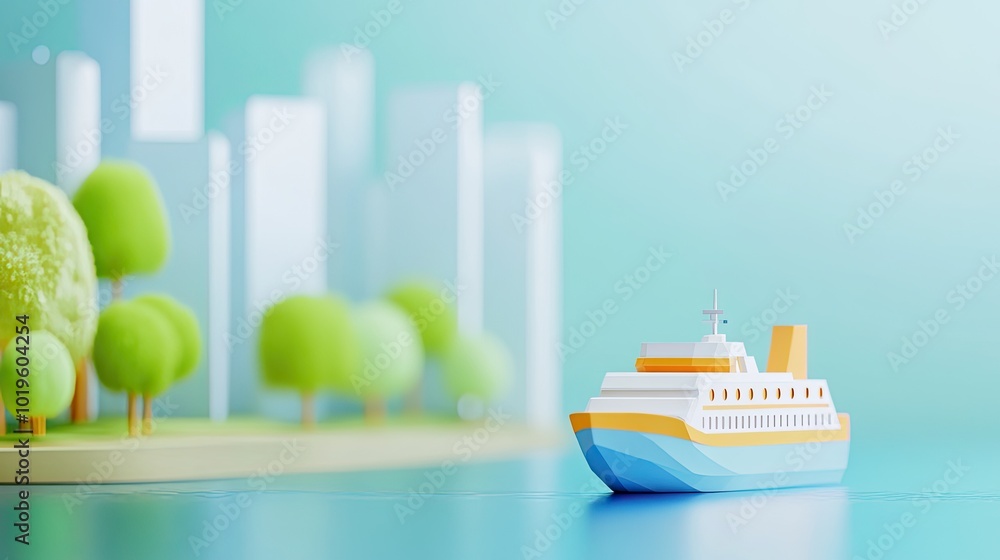 A colorful cruise ship with a toy-like design, floating in a calm blue waterway, featuring simple geometric shapes in white and orange. In the background, a soft-focus cityscape with tall buildings an A colorful cruise ship with a toy-like design, floating in a calm blue waterway, featuring simple geometric shapes in white and orange. In the background, a soft-focus cityscape with tall buildings an