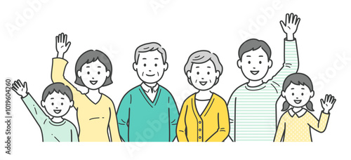 三世代の家族が集合して手を振る上半身イラスト