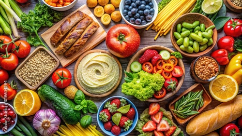 A colorful array of fresh fruits, vegetables, pasta, salads, sandwiches, and bread for a healthy meal choice , fresh, variety photo