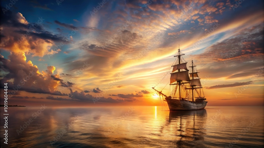 Fototapeta premium Old ship sailing in the sea at sunset, ship, vintage, ocean, water, dusk, sky, evening, horizon, nautical, serene, tranquil
