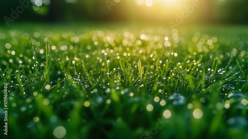 Transparent drops of water dew on grass close upNatural background with copy space : Generative AI photo