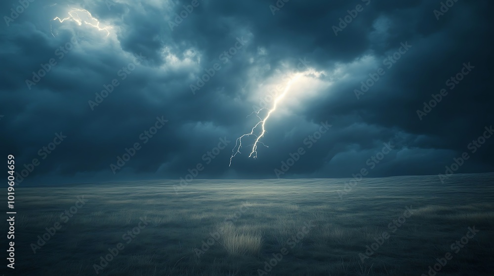 A single lightning bolt strikes a dark, stormy sky above a vast, grassy field. A single lightning bolt strikes a dark, stormy sky above a vast, grassy field.