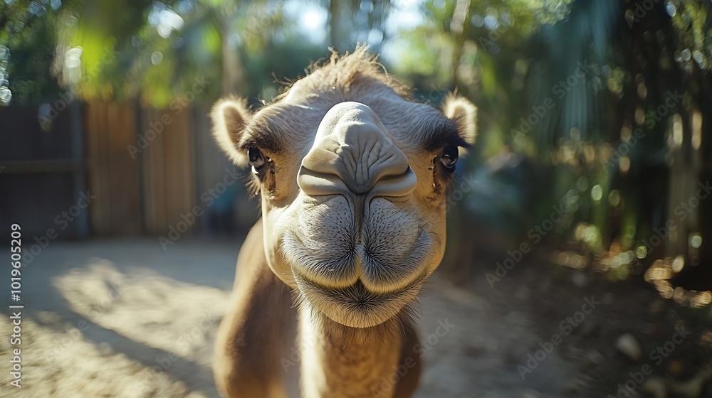 Obraz premium Funny camel at zoo wanting food : Generative AI