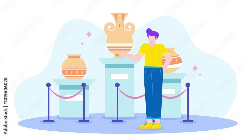 a person admiring ancient pottery displays at a museum illustration animated video a person admiring ancient pottery displays at a museum illustration animated video