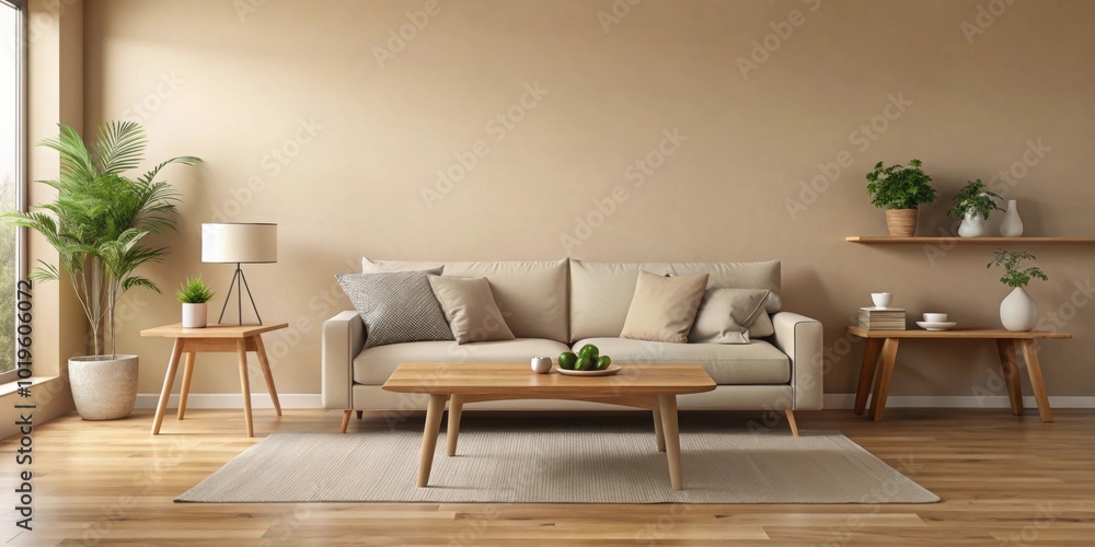 Beige color wall and wooden table in a cozy modern living room, beige, color, wall, wooden, table, cozy Beige color wall and wooden table in a cozy modern living room, beige, color, wall, wooden, table, cozy