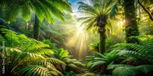 Tranquil rainforest scene with sunlight filtering through dense canopy, highlighting lush ferns and vibrant foliage, Rainforest