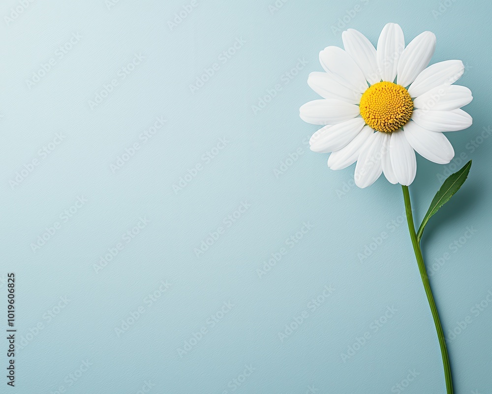 A vibrant daisy flower with a yellow center and white petals against a soft blue background. A vibrant daisy flower with a yellow center and white petals against a soft blue background.