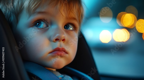 Cute toddler boy is in car seat Portrait of little child during family road trip Kid scared by motion sickness or riding in vehicle at night time Safety transportation of baby Travel w : Generative AI photo