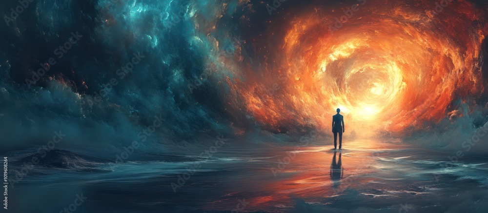 A lone figure stands on a watery surface, gazing at a fiery portal in ...