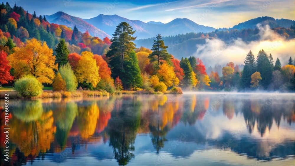 Fototapeta premium Idyllic autumn landscape with colorful trees, calm lake, and misty mountains in the background, Autumn, landscape, idyllic