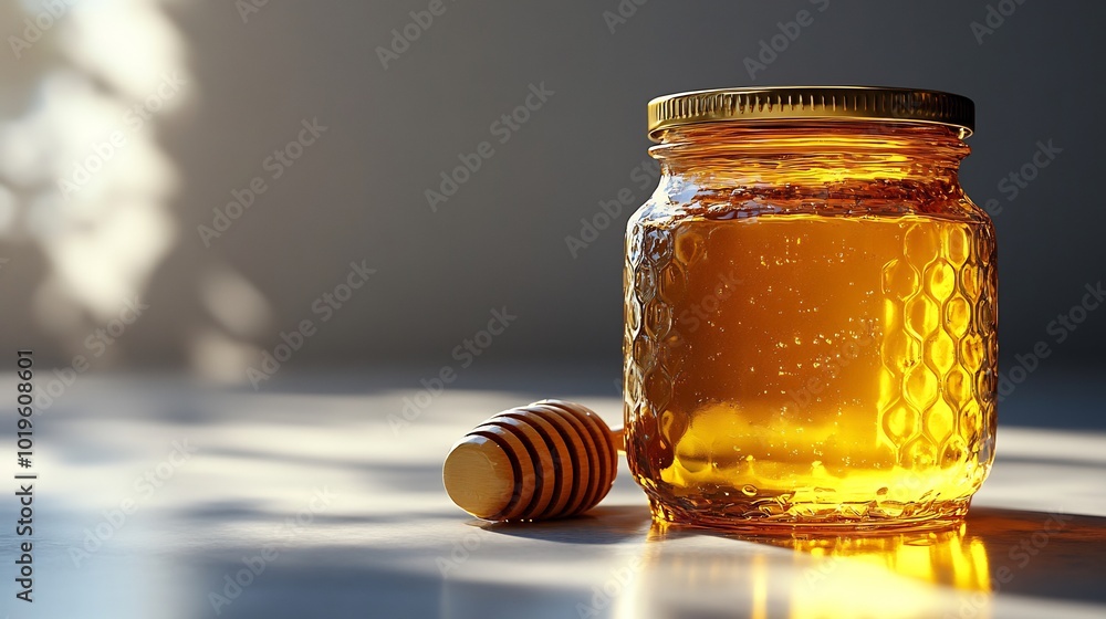 Glass jar filled with honey isolated on a clean white background golden liquid Glass jar filled with honey isolated on a clean white background golden liquid