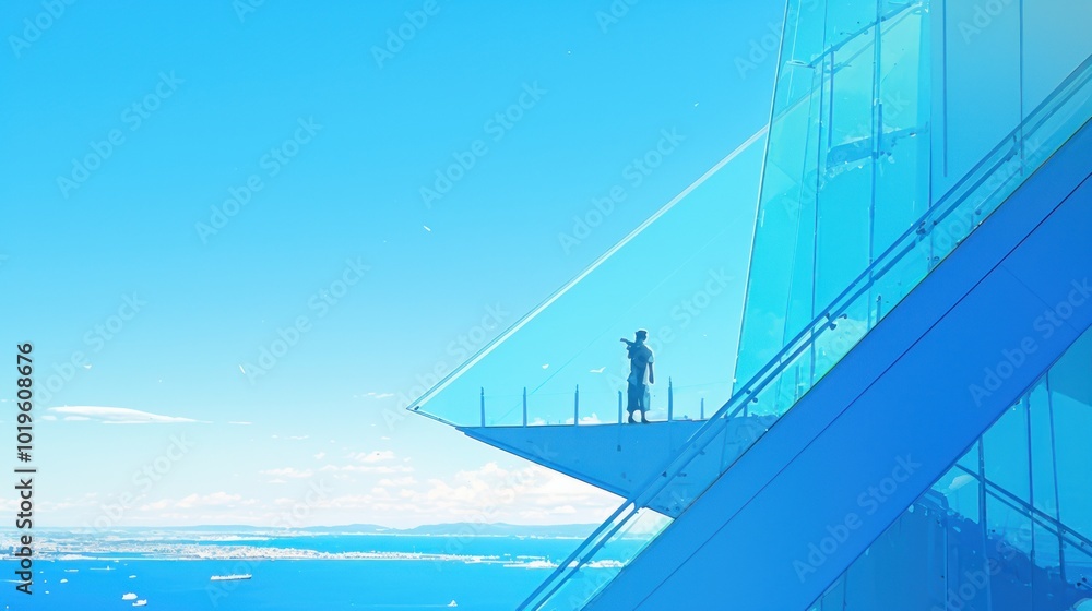 Fototapeta premium A man is climbing the stairs of a modern open glass structure abstract art structure, with architecture overlooking the sea and blue sky