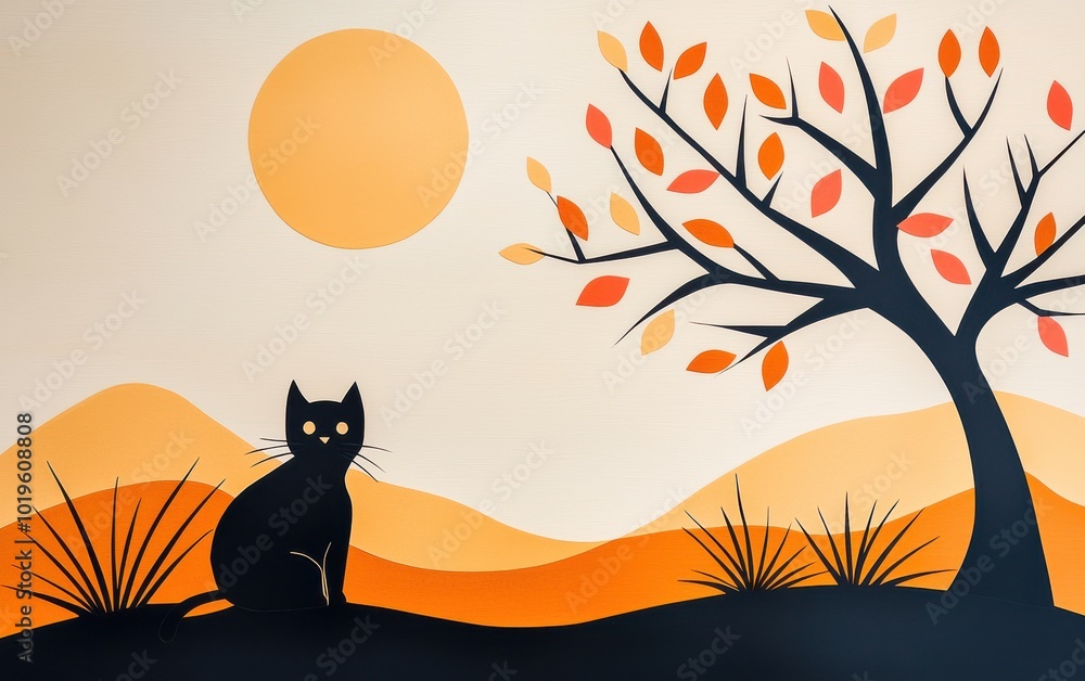 A whimsical silhouette of a cat with an autumn backdrop featuring a sun and colorful trees. A whimsical silhouette of a cat with an autumn backdrop featuring a sun and colorful trees.