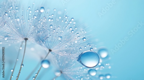 Beautiful dew drops on a dandelion seed macro Beautiful soft blue background Water drops on a parachutes dandelion Copy space soft focus on water droplets circular shape abstract backg : Generative AI