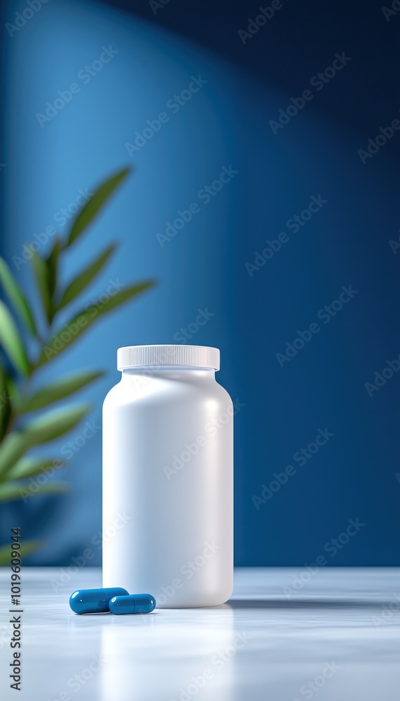 A white pill bottle with blue capsules, on a table against a blue background with decorative green plant. A white pill bottle with blue capsules, on a table against a blue background with decorative green plant.