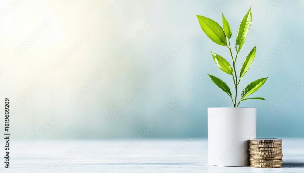 A young plant growing in a white pot beside stacked coins, symbolizing investment and growth. A young plant growing in a white pot beside stacked coins, symbolizing investment and growth.