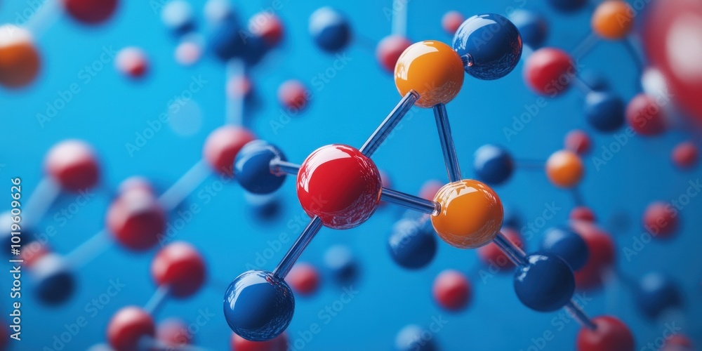 Colorful 3D molecular model with blue, red, and orange atoms connected by silver bonds on a blue background. Colorful 3D molecular model with blue, red, and orange atoms connected by silver bonds on a blue background.