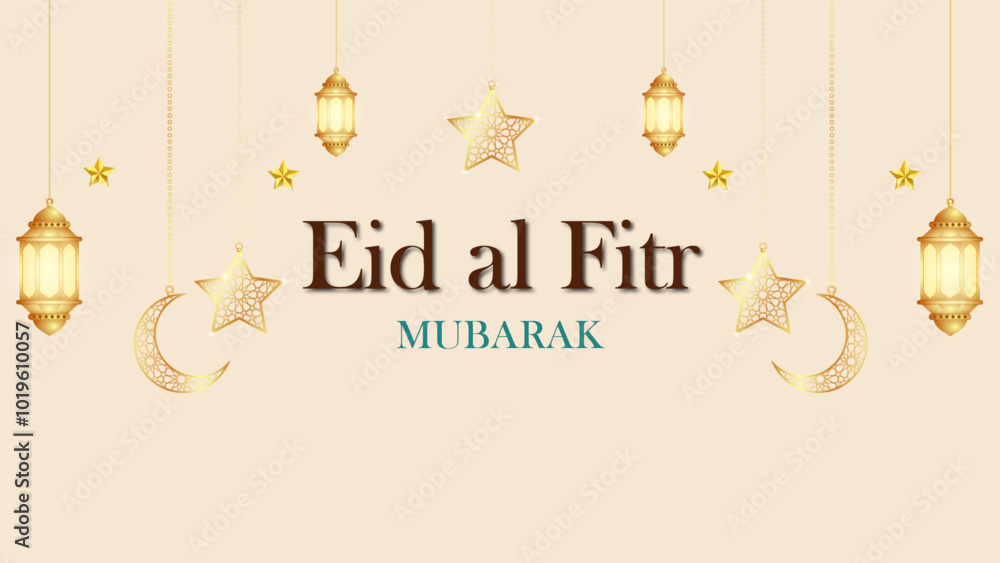 Naklejka premium Happy Eid with shining stars moon and lights